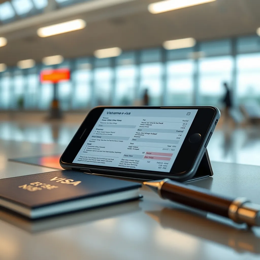Close-up of a Vietnamese e-visa document on a smartphone screen next to a passport and a pen, with a blurred airport terminal in the background Vietnamese evisa document