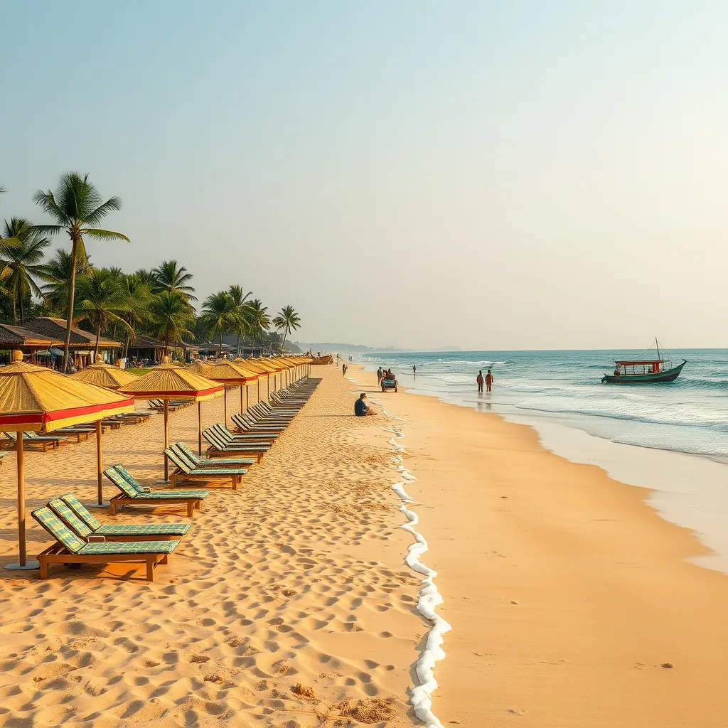 Wide stretch of golden sand at An Bang Beach near Hoi An, Vietnam, with colorful bamboo umbrellas and low-slung rattan loungers arranged along the shoreline, gentle waves rolling onto the beach, coconut palm trees swaying in the coastal breeze, a few small fishing boats bobbing in the turquoise water, seafood restaurants with thatched roofs lining the sand, locals and travelers relaxing in the warm afternoon sun Warm afternoon sun