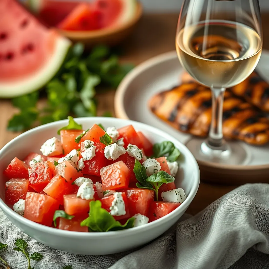 Watermelon feta salad served in a white bowl with a side of grilled chicken and a glass of white wine Watermelon feta salad