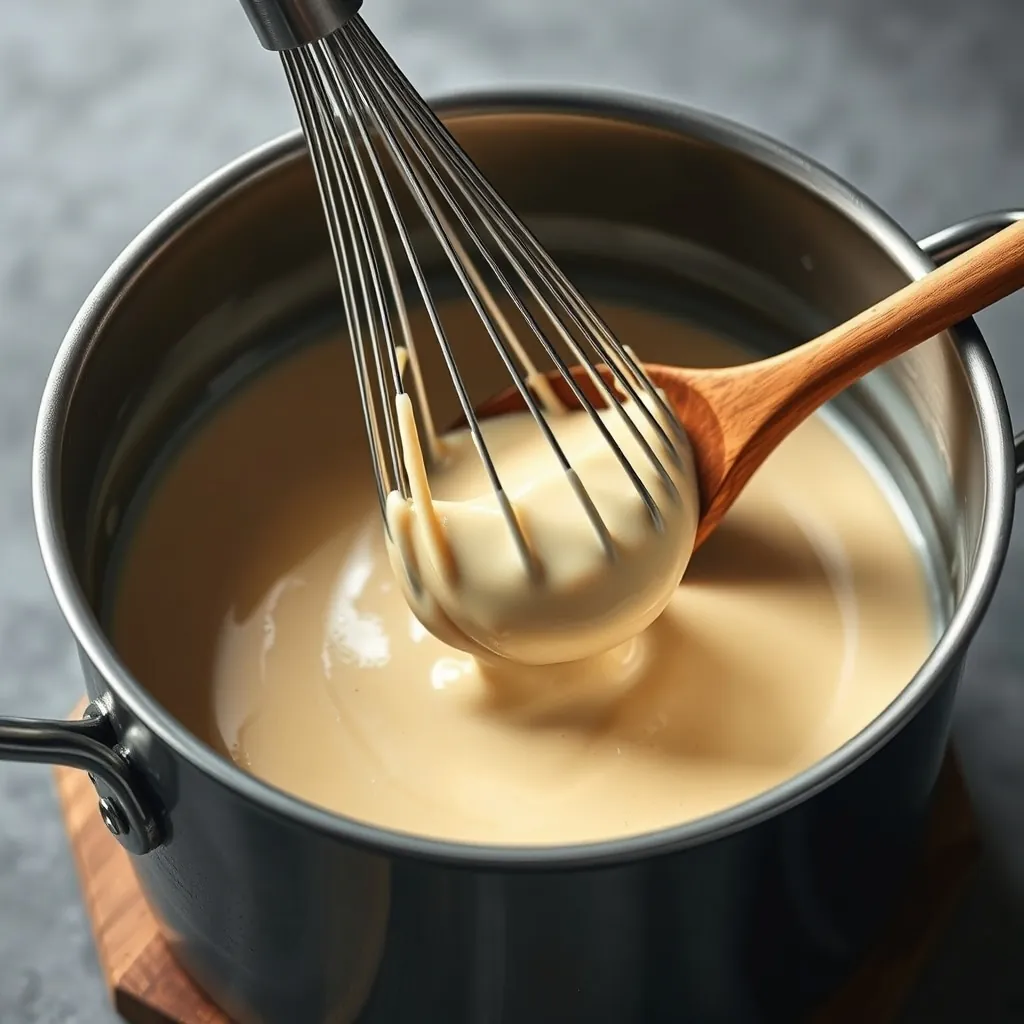 Close-up of a whisk stirring a smooth, creamy béchamel sauce in a stainless steel pot with a wooden spoon Whisk stirring smooth