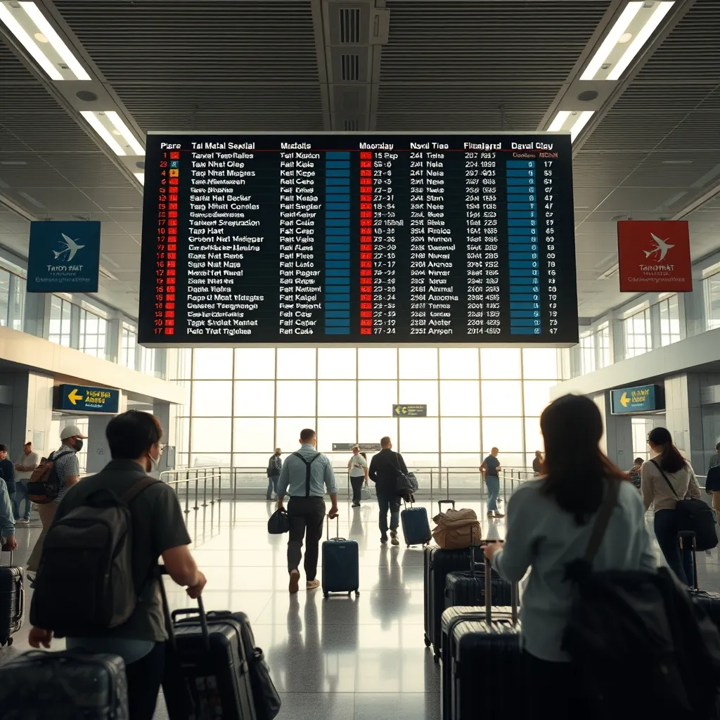 Wide-angle view of Tan Son Nhat International Airport arrival hall with travelers collecting luggage near a large departure board showing international flight destinations Wideangle tan son