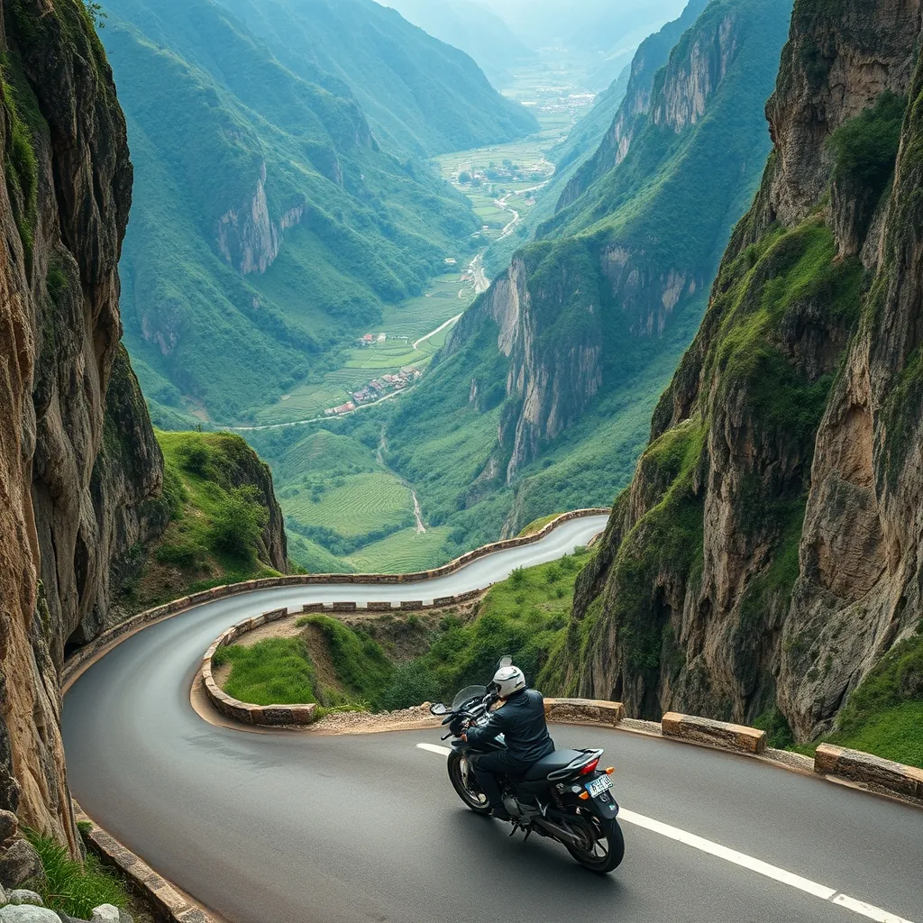 Winding mountain road carved into sheer limestone cliffs overlooking deep green valleys, a lone motorbike navigating the switchbacks of the Ha Giang loop, with terraced rice fields and scattered Hmong villages visible far below Winding mountain road
