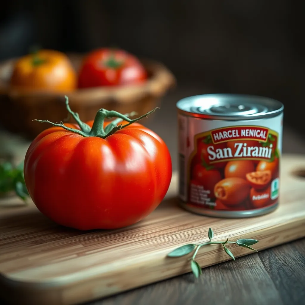 Close up of two types of tomatoes, one fresh Roma and one canned San Marzano, side by side on a wooden cutting board Wooden cutting board