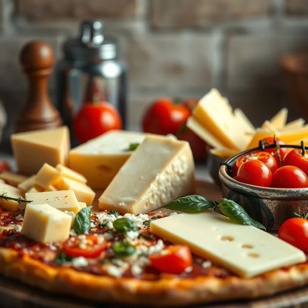 Array of high-quality cheeses and vibrant toppings, showcasing the variety essential for authentic Italian pizza. Array of high-quality cheeses and vibrant toppings, showcasing the variety essential for authentic Italian pizza.