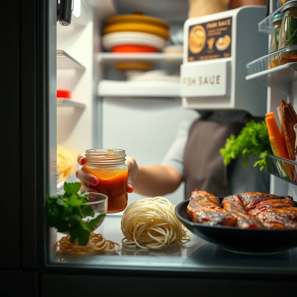 Bà nội trợ đang bảo quản nước mắm pha trong hũ thủy tinh đặt trong tủ lạnh, bên cạnh là bún tươi và chả nướng Bà nội trợ đang bảo quản nước mắm pha trong hũ thủy tinh đặt trong tủ lạnh, bên cạnh là bún tươi và chả nướng