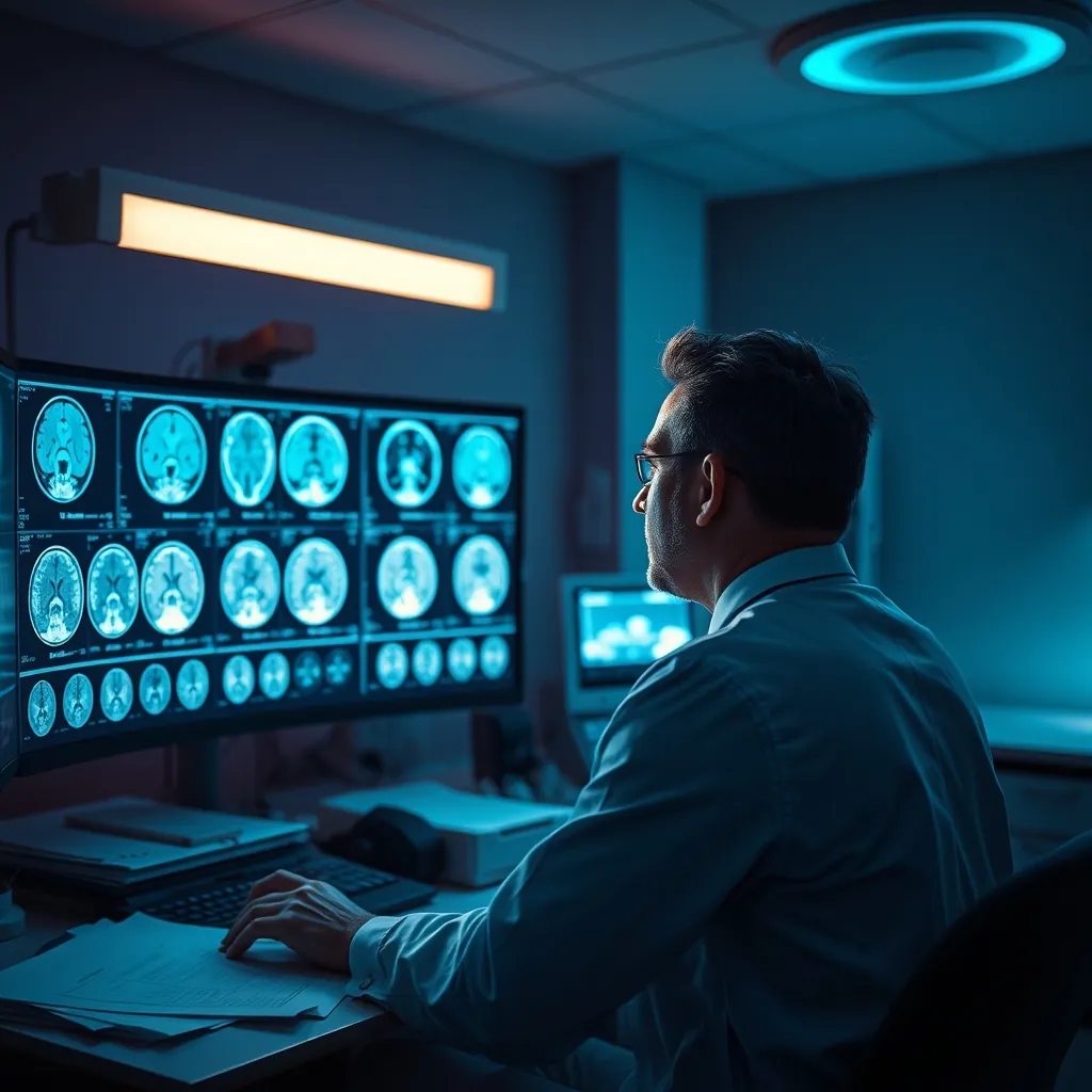 Bác sĩ chẩn đoán hình ảnh sử dụng AI hỗ trợ phát hiện bất thường trên phim chụp MRI