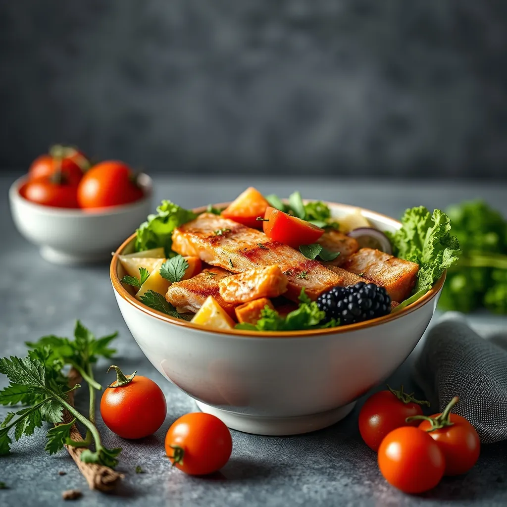 Tô bún mắm nêm cân bằng dinh dưỡng với protein, rau xanh và thảo mộc Balanced meal bowl