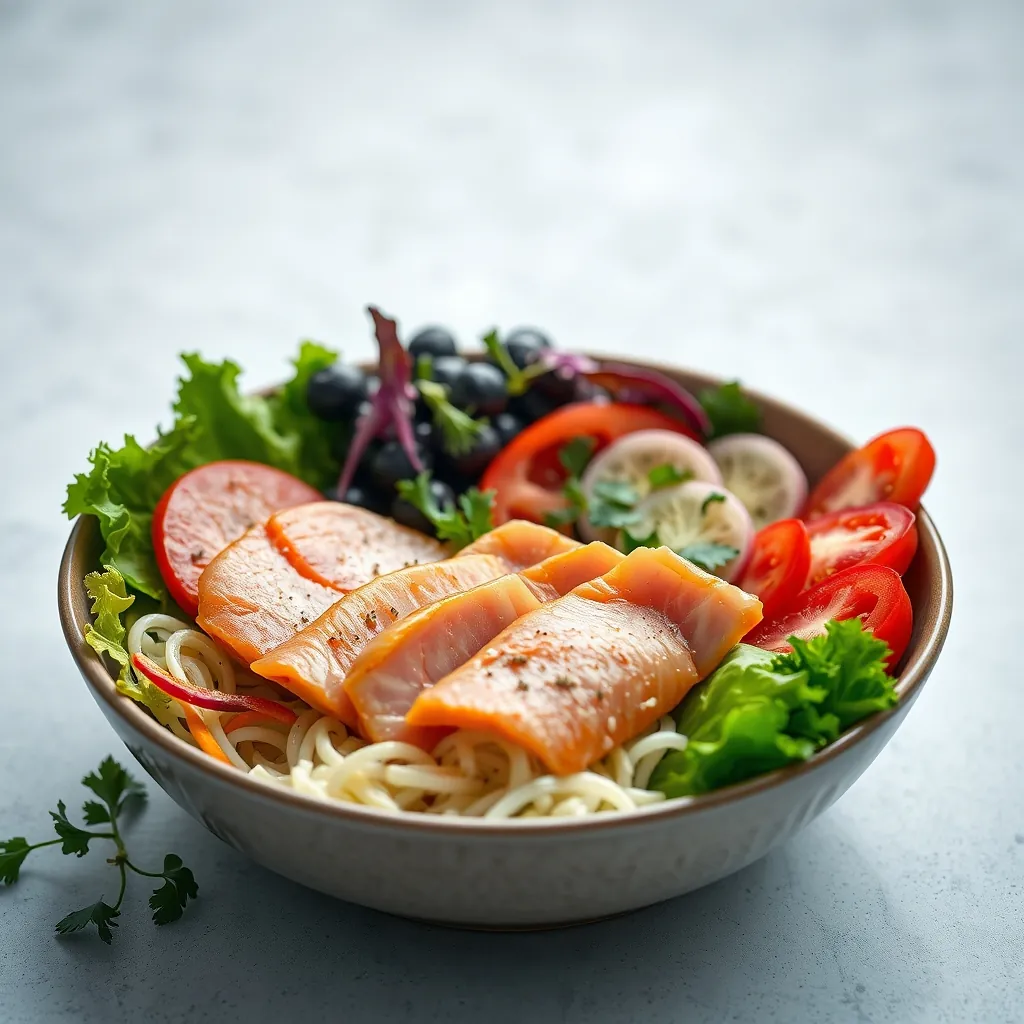 Tô bún mắm nêm cân bằng dinh dưỡng với protein, rau xanh và thảo mộc Balanced meal bowl