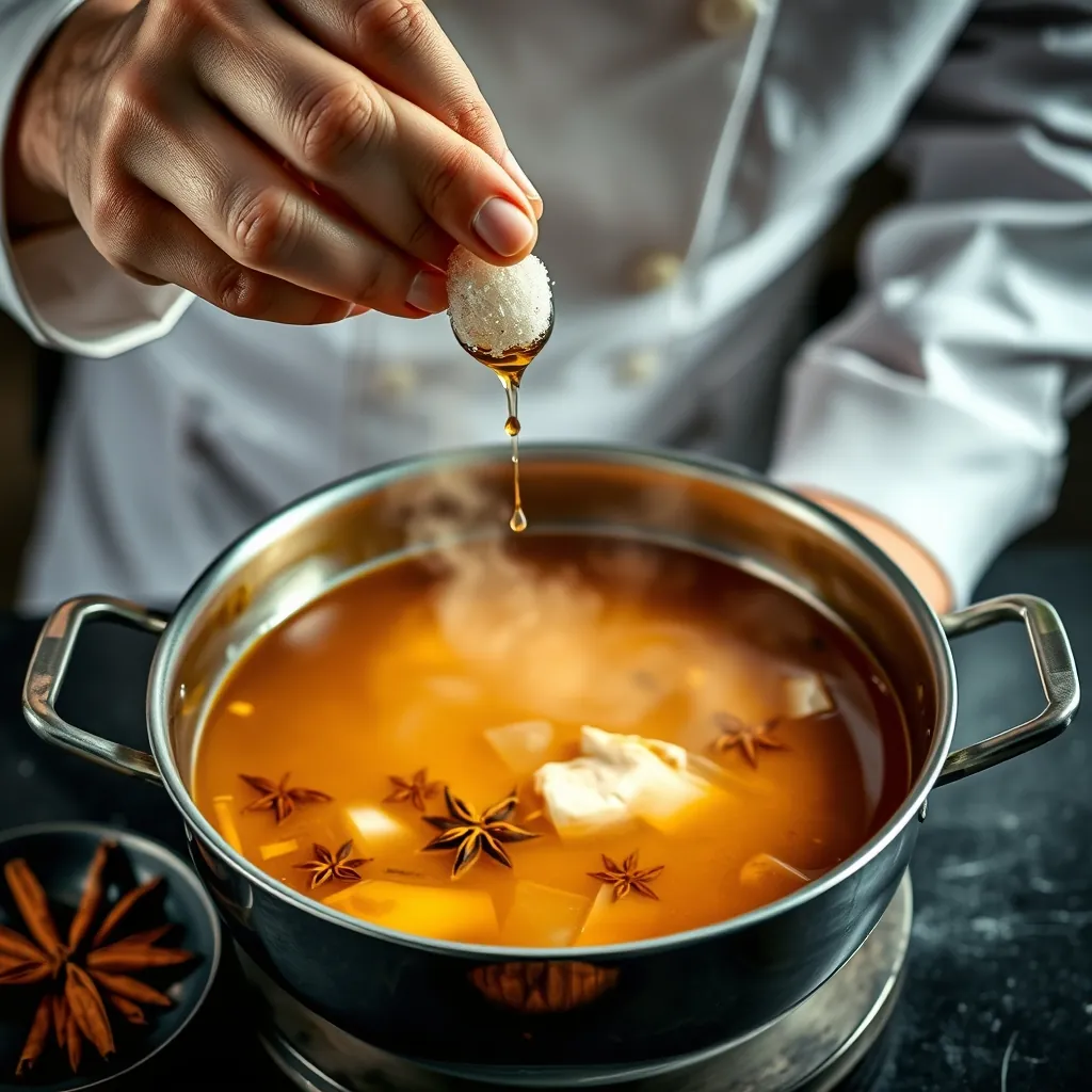 Bàn tay đầu bếp cho đường phèn và nước mắm ngon vào nồi nước dùng phở gà trong veo, bên cạnh là đĩa gia vị thảo mộc