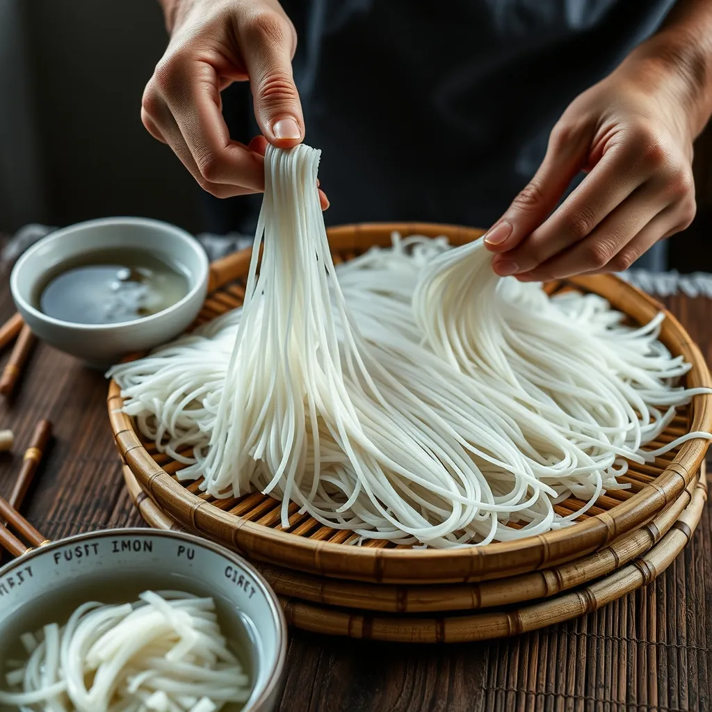 Bánh phở tươi đang được tách bằng tay trên mẹt tre, cùng bát nước sôi và đũa thể hiện kỹ thuật xử lý đúng cách