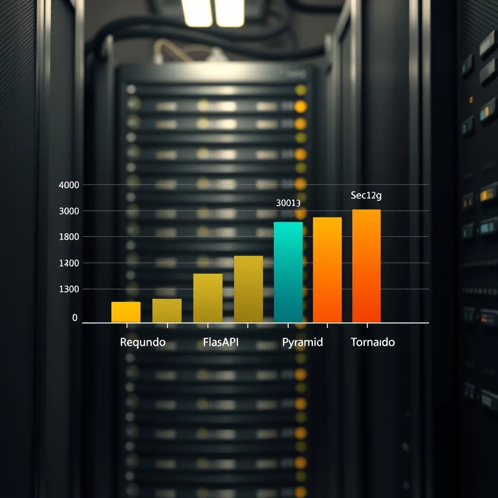 Bar chart comparing requests per second for Django, Flask, FastAPI, Pyramid, and Tornado with a server rack in the background Bar chart comparing