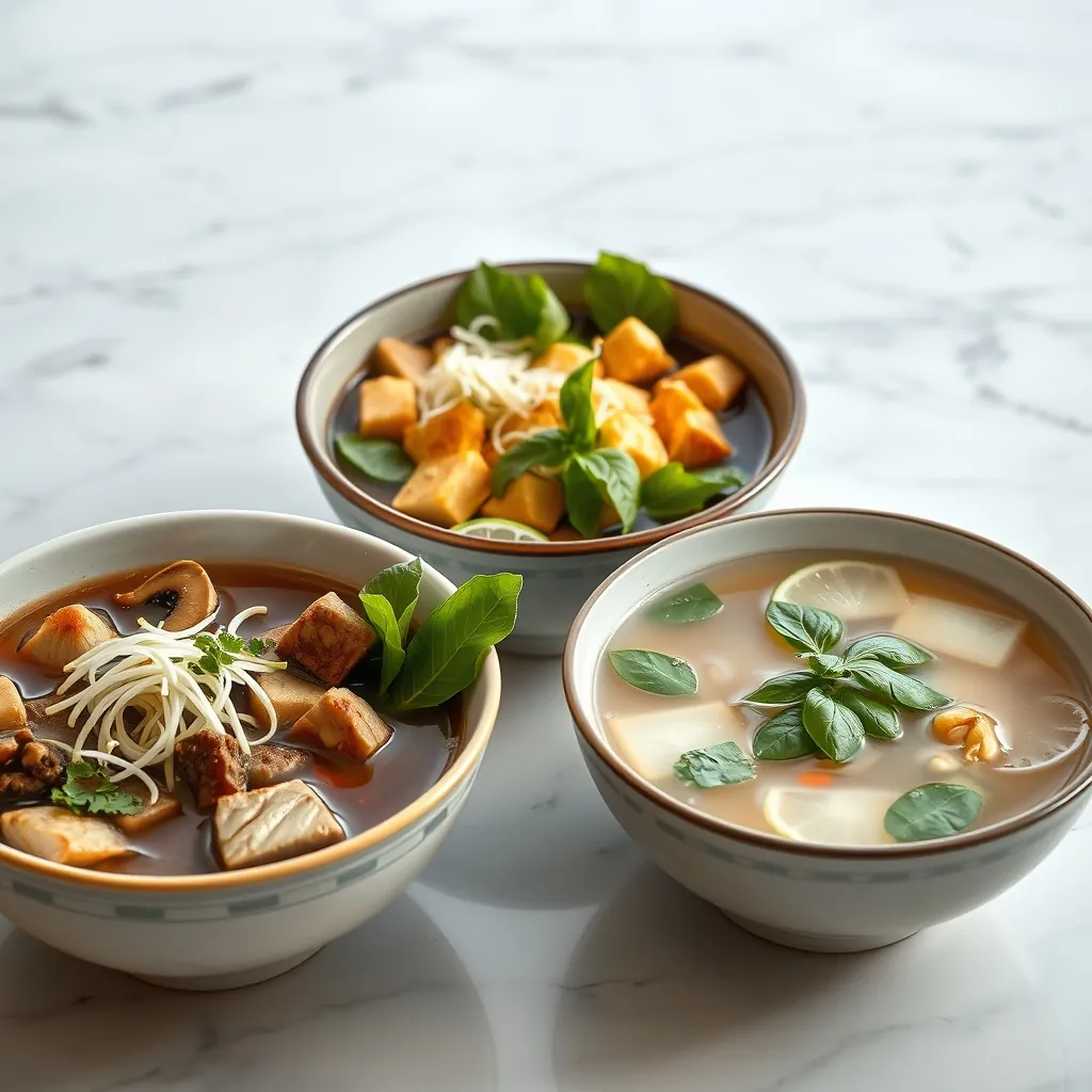 Three steaming bowls of pho arranged side by side on a light marble counter, one with beef and traditional garnishes, one with golden tofu cubes and mushrooms, and one with clear vegetable broth and extra herbs, each bowl garnished with bean sprouts, Thai basil, and lime wedges Basil lime wedges