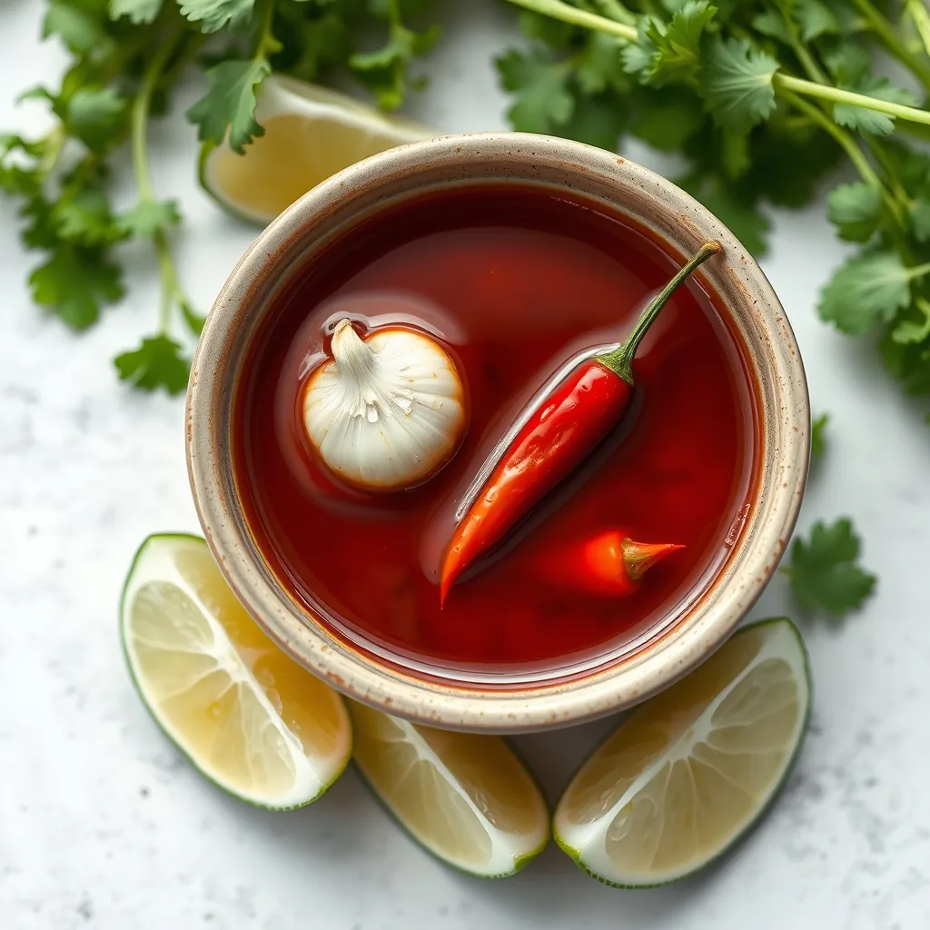 Bát nước chấm chua ngọt với tỏi ớt nổi trên bề mặt, linh hồn của món bún chả Hà Nội Bát nước chấm chua ngọt với tỏi ớt nổi trên bề mặt, linh hồn của món bún chả Hà Nội