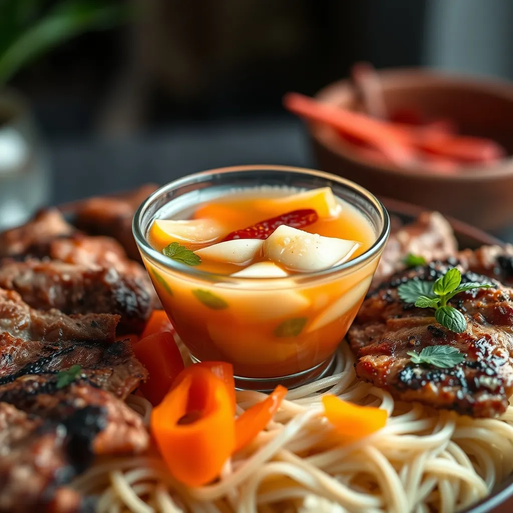 Bát nước mắm pha chua ngọt chuẩn vị Hà Nội kèm đồ chua giòn, tỏi ớt nổi trên mặt