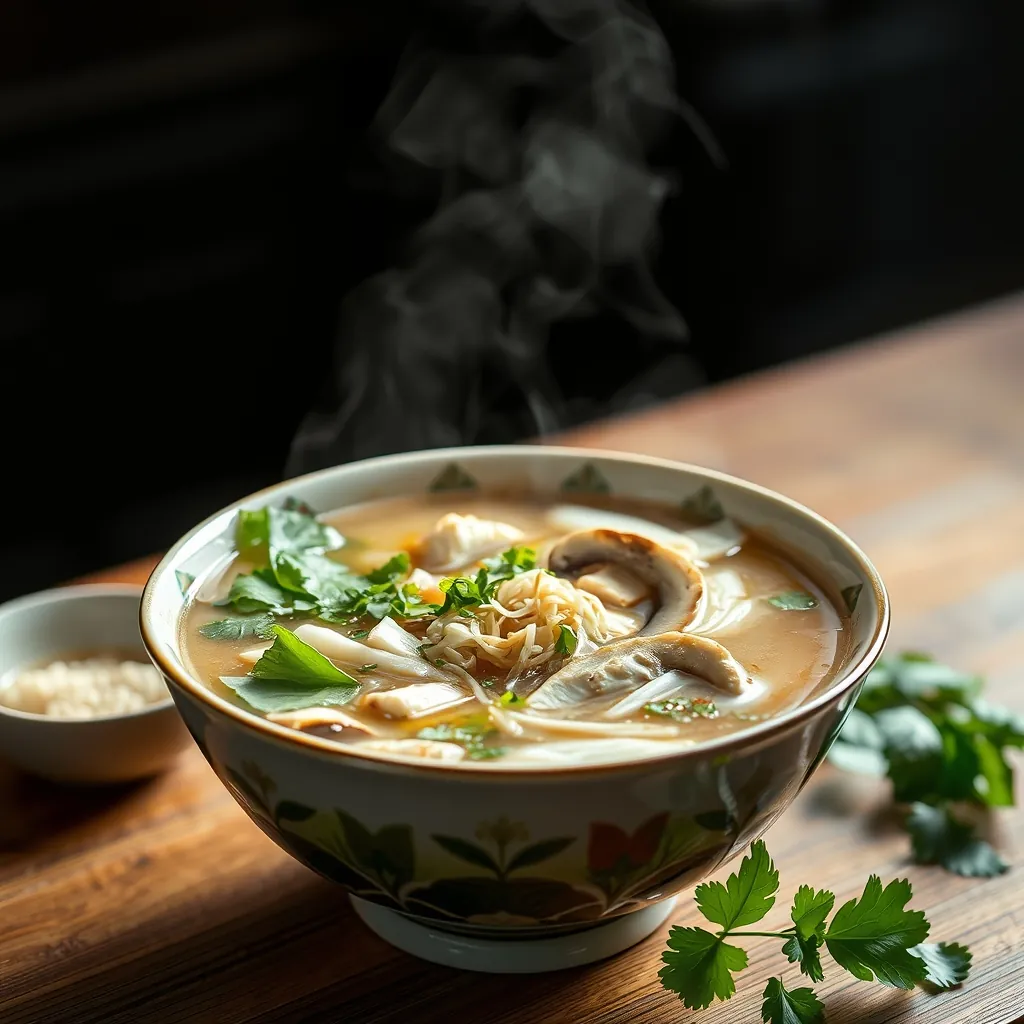 Bát phở gà chay với nước dùng rau củ trong veo, đậu hũ chiên vàng, nấm hương và rau thơm tươi mát