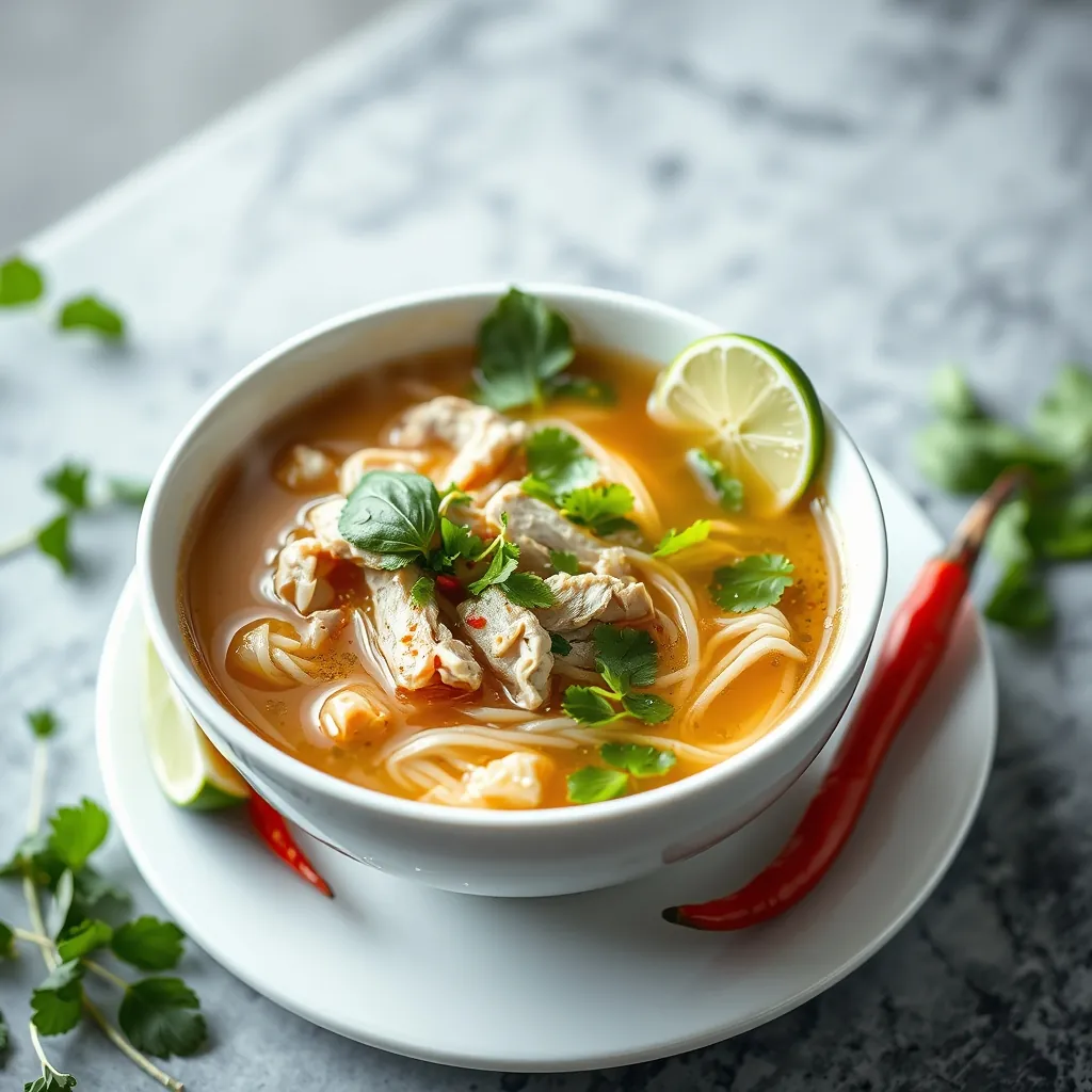 Bát phở gà hoàn chỉnh với nước dùng trong vàng, bánh phở tươi, thịt gà mềm và rau thơm tươi mát, bốc khói nghi ngút