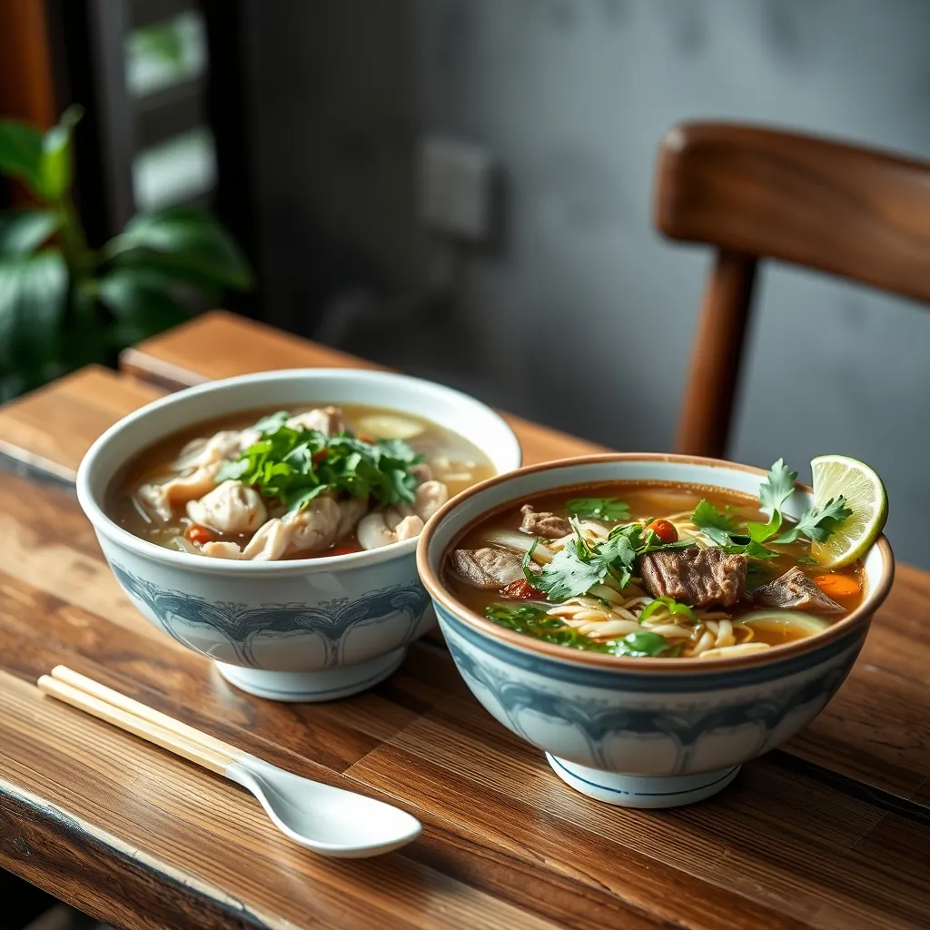 Bát phở gà và phở bò đặt cạnh nhau với đầy đủ rau thơm và chanh