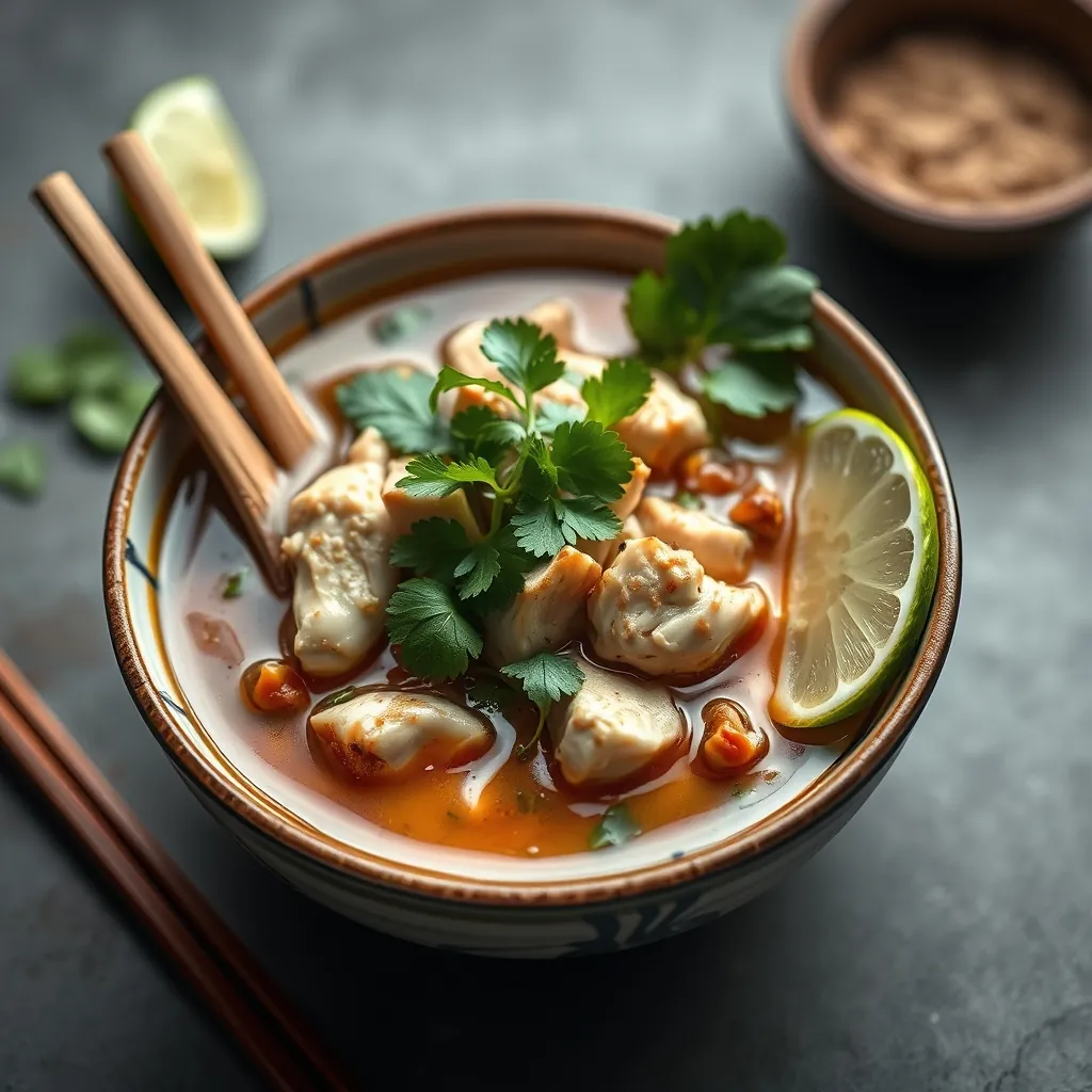 Một bát phở gà được trình bày đẹp mắt với rau thơm và chanh Beautifully arranged bowl