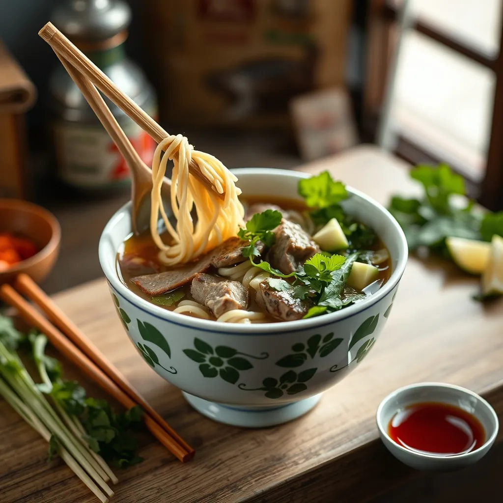 Beautifully assembled bowl of pho with noodles, beef, herbs, and broth | một bát phở được trình bày đẹp mắt với bún, thịt bò, rau thơm và nước dùng. Beautifully assembled bowl
