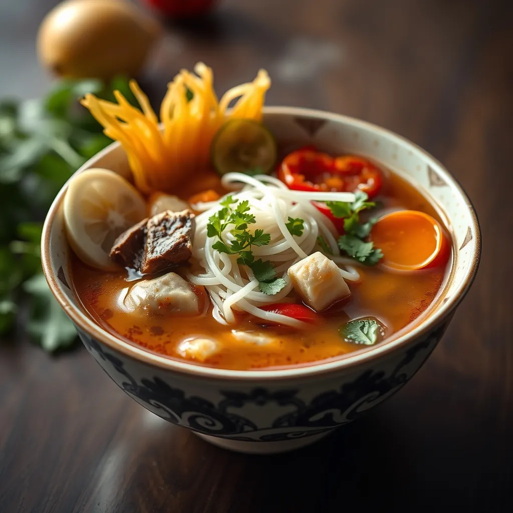 A beautifully assembled bowl of pho with broth, noodles, and fresh toppings Beautifully assembled bowl