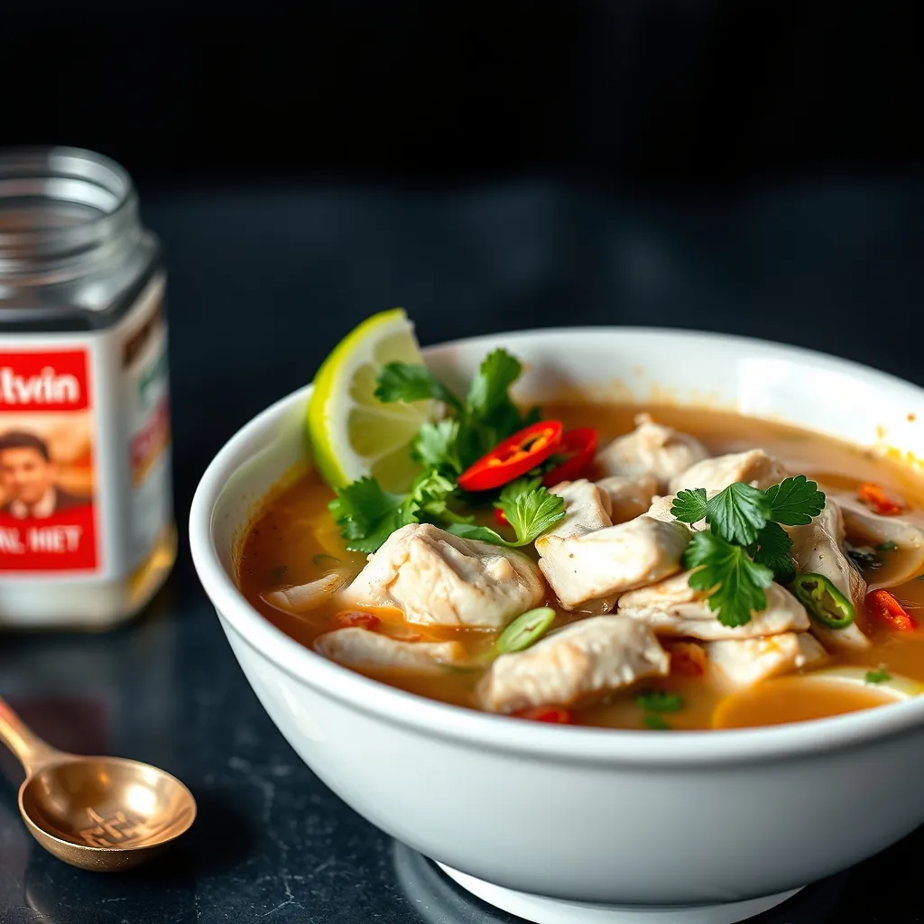 Beautifully presented bowl of chicken pho with vibrant garnishes like fresh herbs, lime wedges, and chili slices | một bát phở gà được trình bày đẹp mắt với các loại rau thơm tươi, lát chanh và ớt Beautifully presented bowl