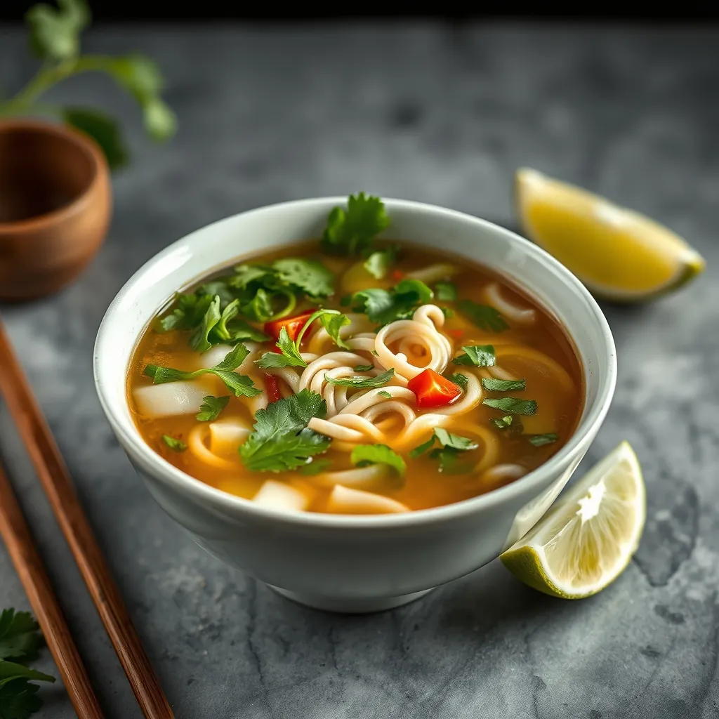 A beautifully presented bowl of pho with fresh herbs and lime Beautifully presented bowl
