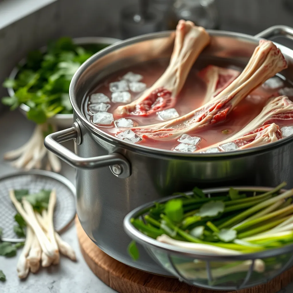 Sơ chế kỹ lưỡng giúp loại bỏ tạp chất và mùi hôi, tạo nền tảng cho nồi phở trong veo Beef bones soaking