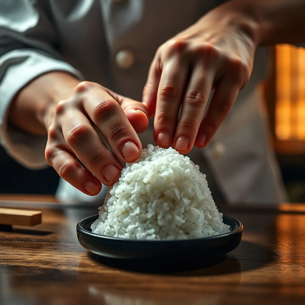 本手返しでシャリを握る職人の指先