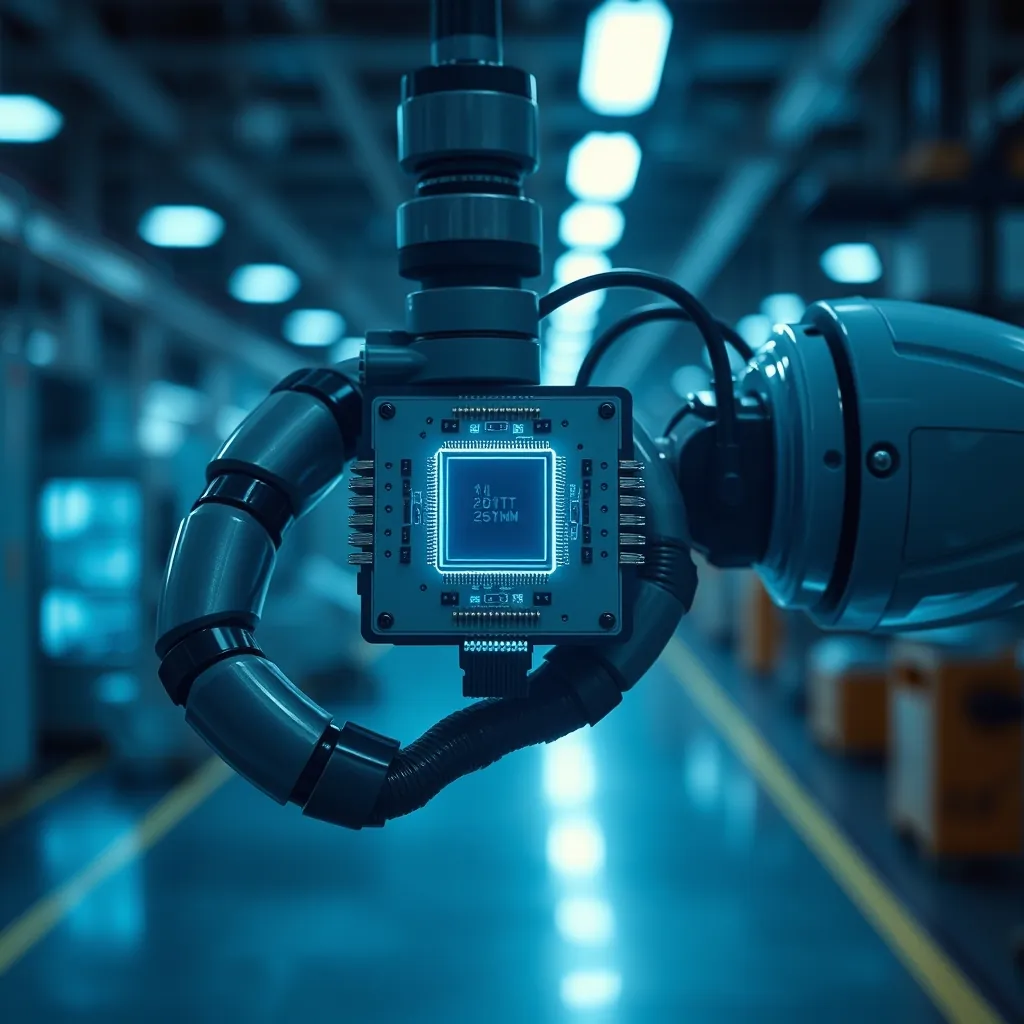 Bộ xử lý AI biên gắn trực tiếp trên cánh tay robot trong nhà máy thông minh để ra quyết định ngay tại chỗ.