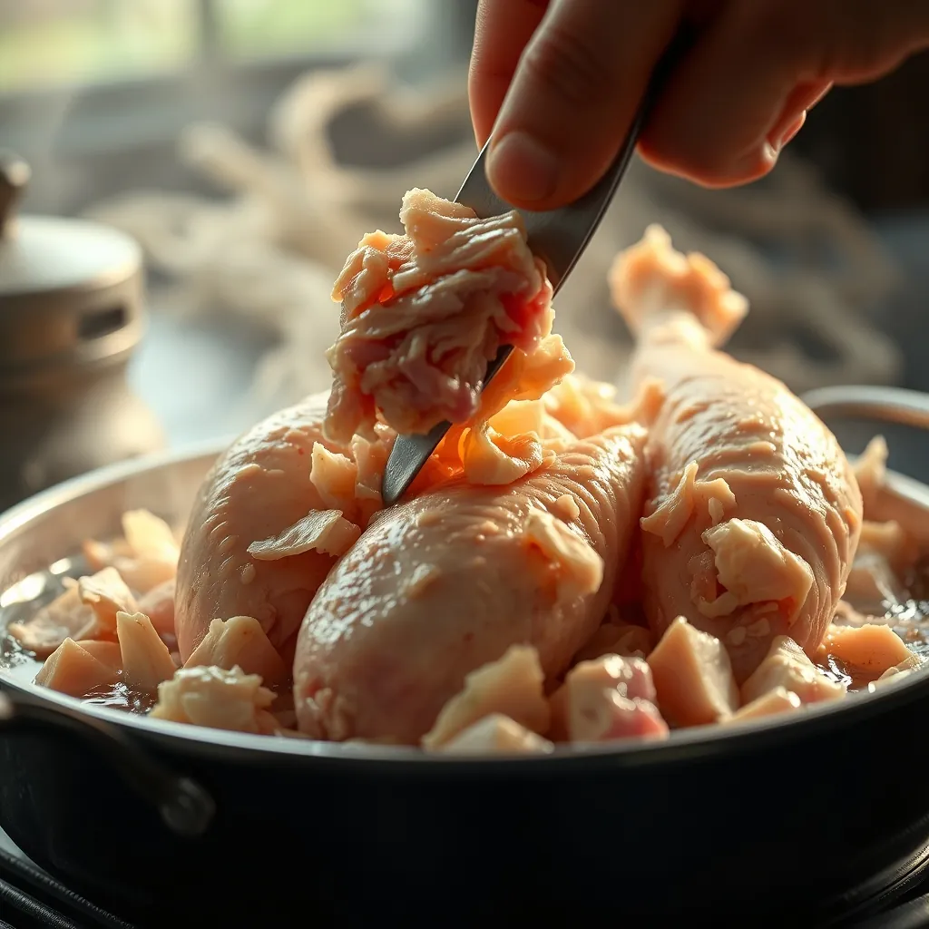 Quy trình luộc gà và xé thịt thành miếng vừa ăn Boiling chicken shredding