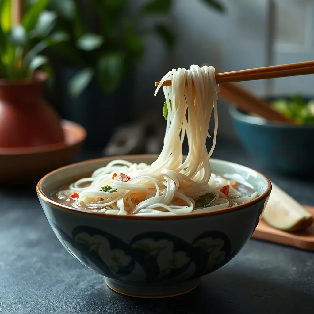A bowl of cooked rice noodles, known as banh pho, ready to be served in pho Bowl cooked rice