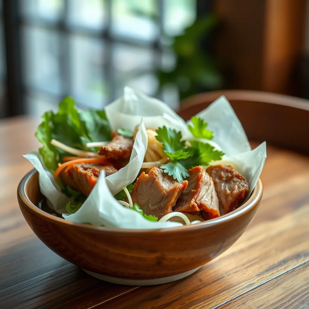 Tô bún mắm nêm Đà Nẵng đầy đủ thành phần với thịt heo quay, rau sống và bánh tráng nướng Bowl vietnamese bun