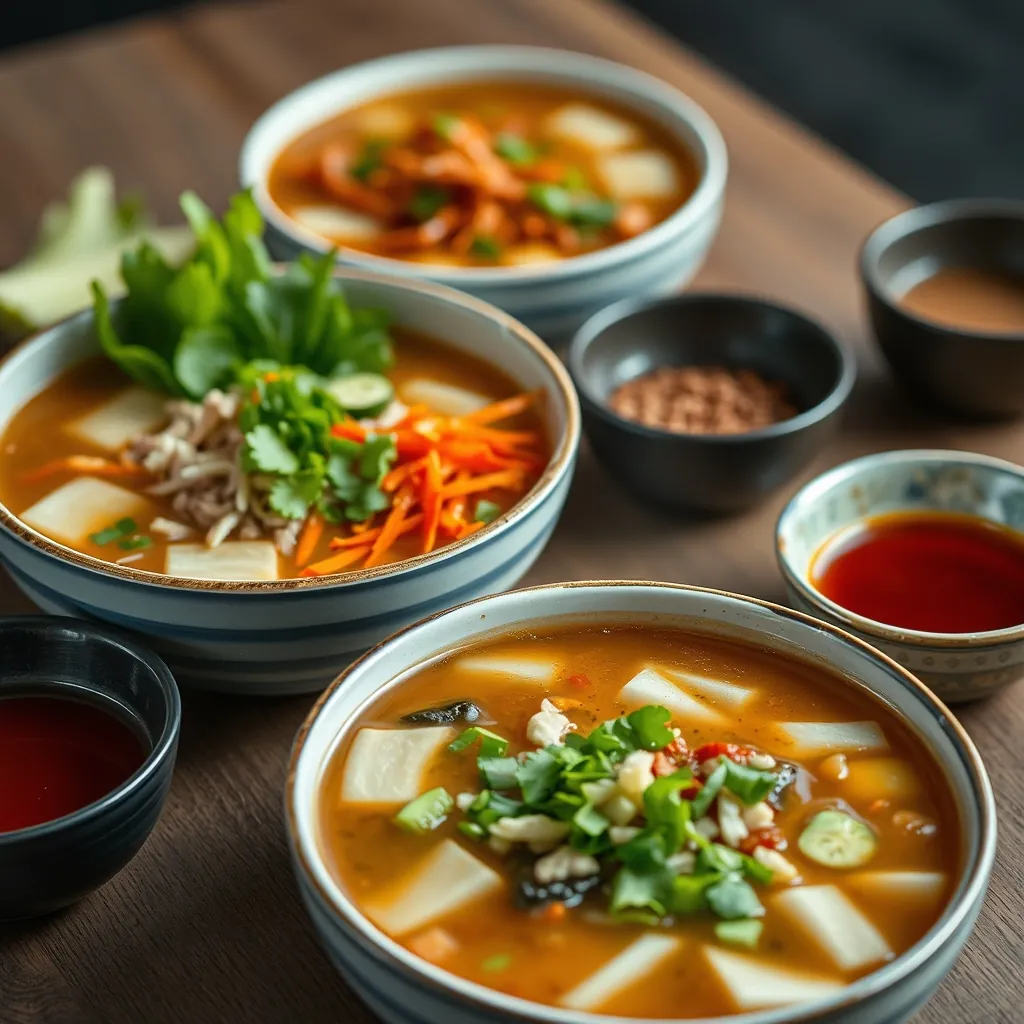 Bát phở bò kèm gia vị và nước chấm Bowls pho garnishes