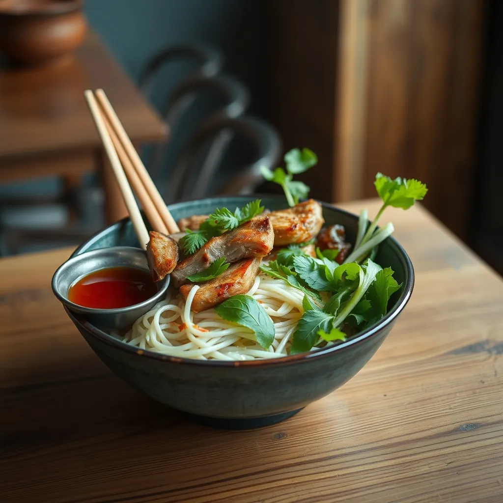 Bún chả Hà Nội chuẩn vị với chả nướng thơm lừng, bún tươi và rau sống Bún chả Hà Nội chuẩn vị với chả nướng thơm lừng, bún tươi và rau sống