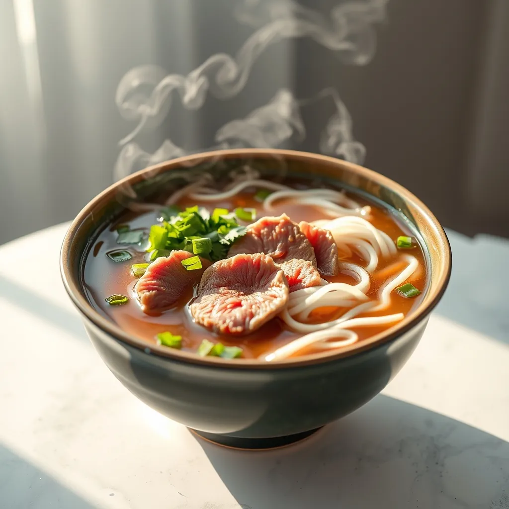 Bát phở bò nước trong với bánh phở trắng và thịt bò tái, hơi nước bốc lên trong buổi sáng sớm Bát phở bò nước trong với bánh phở trắng và thịt bò tái, hơi nước bốc lên trong buổi sáng sớm