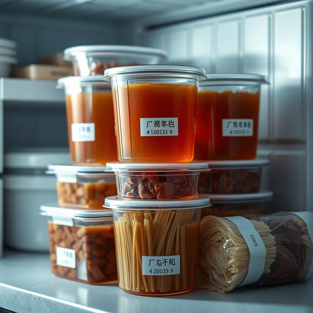 Các hộp thủy tinh đựng nước dùng phở trong veo xếp chồng trong ngăn đông, có nhãn ghi ngày tháng, thịt nạm bò chín để riêng, bánh phở tươi bọc kín, tủ đông được sắp xếp gọn gàng, ánh sáng bếp sạch sẽ Các hộp thủy tinh đựng nước dùng phở trong veo xếp chồng trong ngăn đông, có nhãn ghi ngày tháng, thịt nạm bò chín để riêng, bánh phở tươi bọc kín, tủ đông được sắp xếp gọn gàng, ánh sáng bếp sạch sẽ
