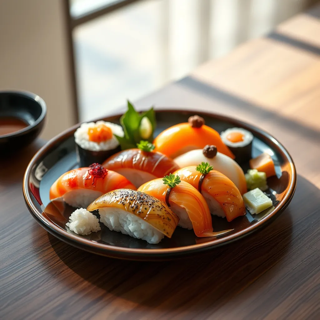 彩りを考えて盛り付けた寿司の一皿。ちょっとした工夫で料亭の雰囲気に