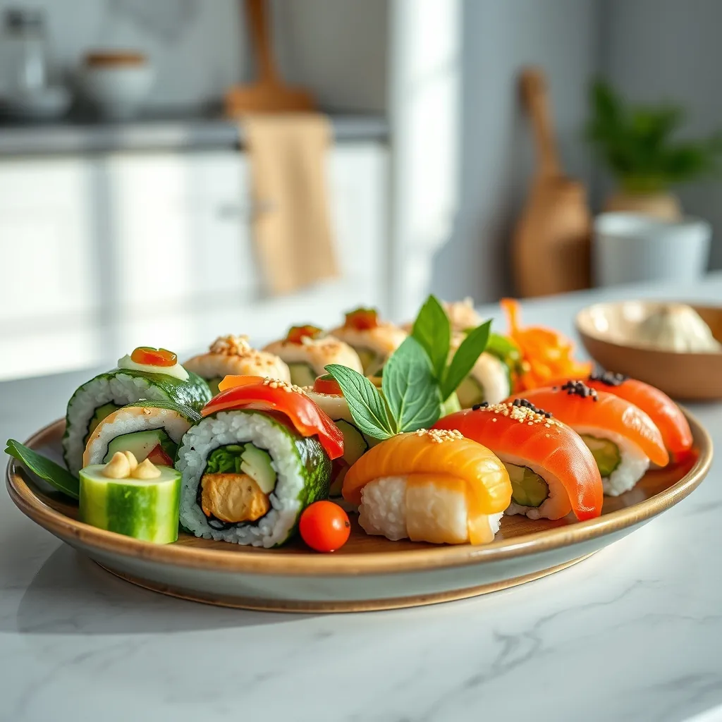 彩り鮮やかなベジタリアン寿司の盛り合わせ。野菜や豆腐、卵を使えば、魚介なしでも本格的な味わいが楽しめる 彩り鮮やかなベジタリアン寿司の盛り合わせ。野菜や豆腐、卵を使えば、魚介なしでも本格的な味わいが楽しめる
