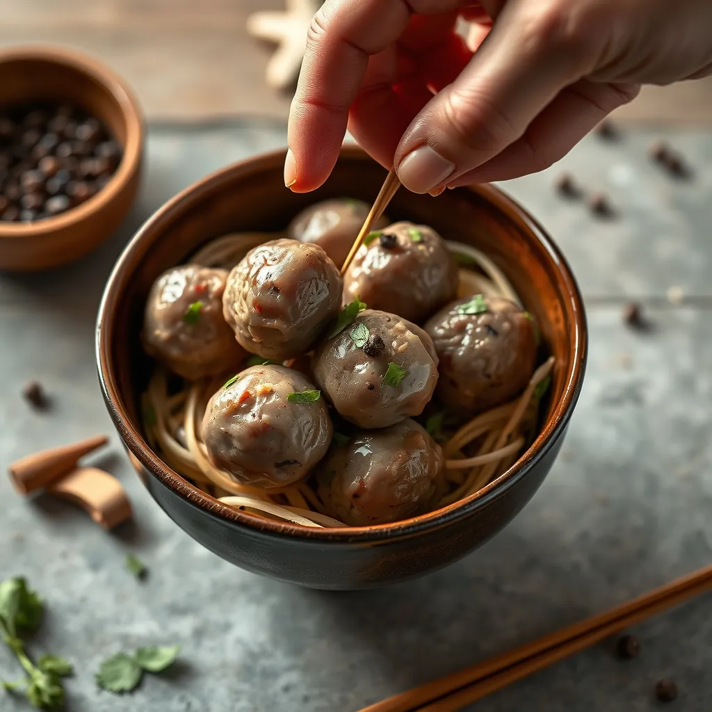 Chả băm được trộn đều tay cùng nấm hương, hành tím và tiêu đen cho món bún chả Hà Nội Chả băm được trộn đều tay cùng nấm hương, hành tím và tiêu đen cho món bún chả Hà Nội
