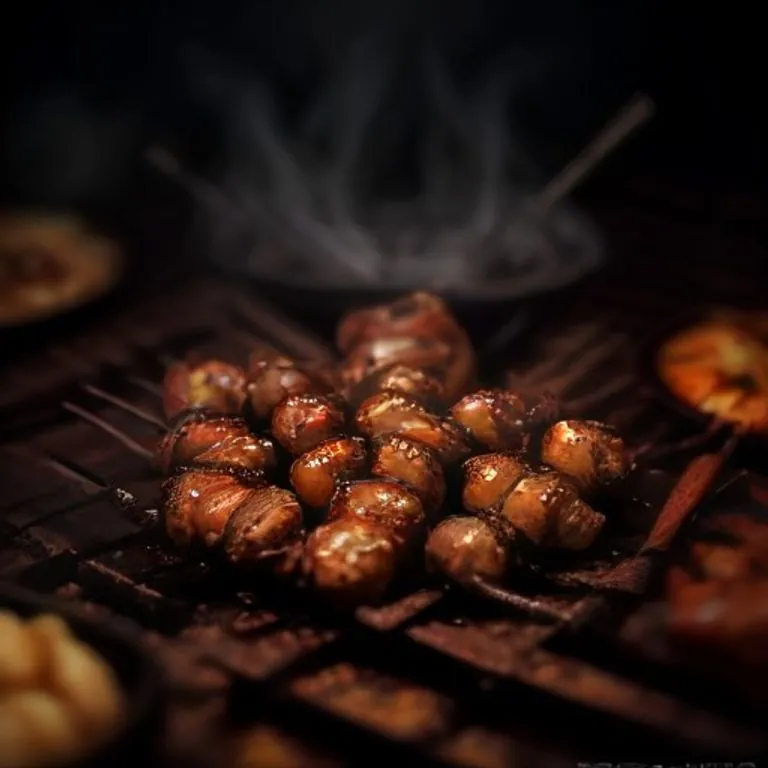 Chả bún Hà Nội đang nướng trên than hoa với khói bay và phần mép cháy cạnh caramel hóa