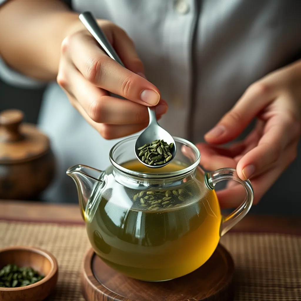 茶葉をスプーンで計って急須に入れる手元のクローズアップ