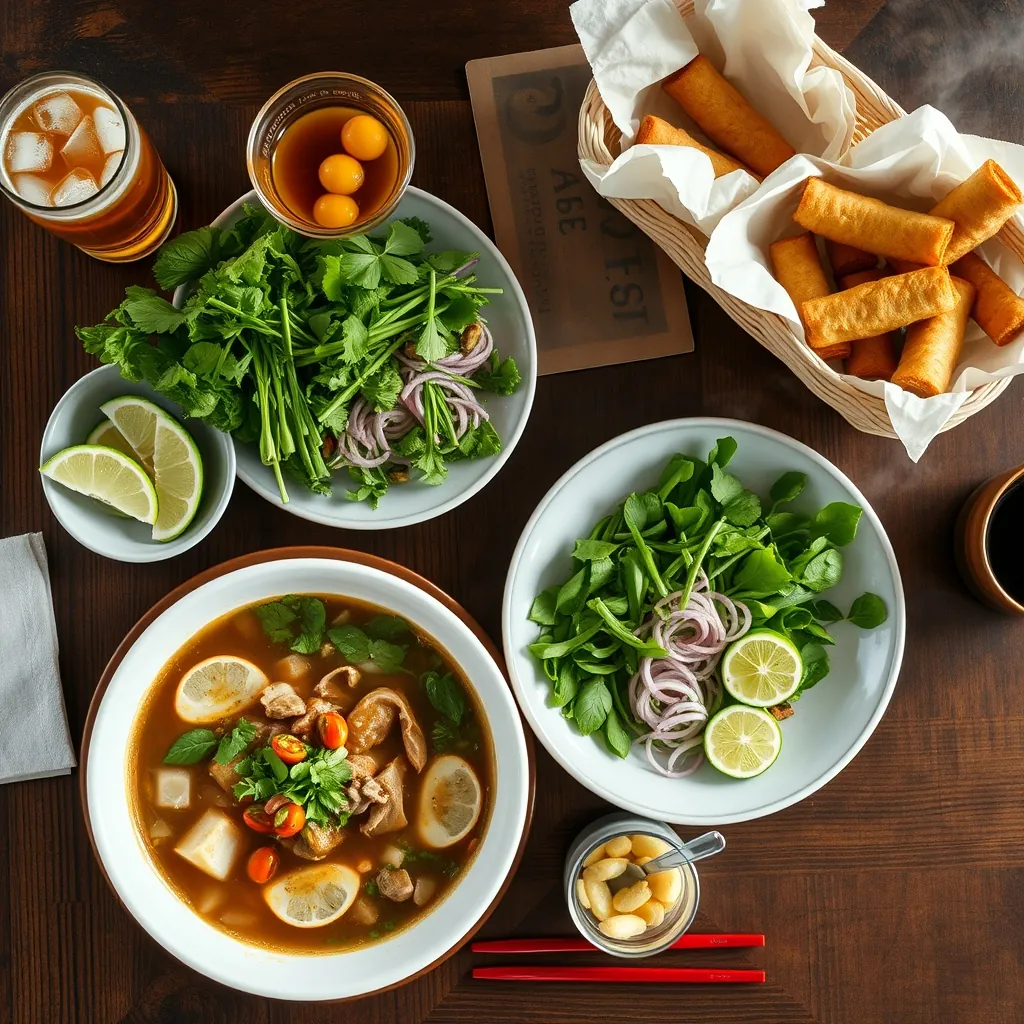 Bữa phở Việt Nam đầy đủ bày trên bàn gỗ: bát phở bò bốc khói, đĩa rau thơm và hành ngâm, chanh cắt lát, ớt thái khoanh, ly trà đá, rổ quẩy, góc chụp từ trên xuống, ánh sáng tự nhiên ban ngày, cách bày biện bữa ăn gia đình Bắc Bộ đậm chất truyền thống Bữa phở Việt Nam đầy đủ bày trên bàn gỗ: bát phở bò bốc khói, đĩa rau thơm và hành ngâm, chanh cắt lát, ớt thái khoanh, ly trà đá, rổ quẩy, góc chụp từ trên xuống, ánh sáng tự nhiên ban ngày, cách bày biện bữa ăn gia đình Bắc Bộ đậm chất truyền thống