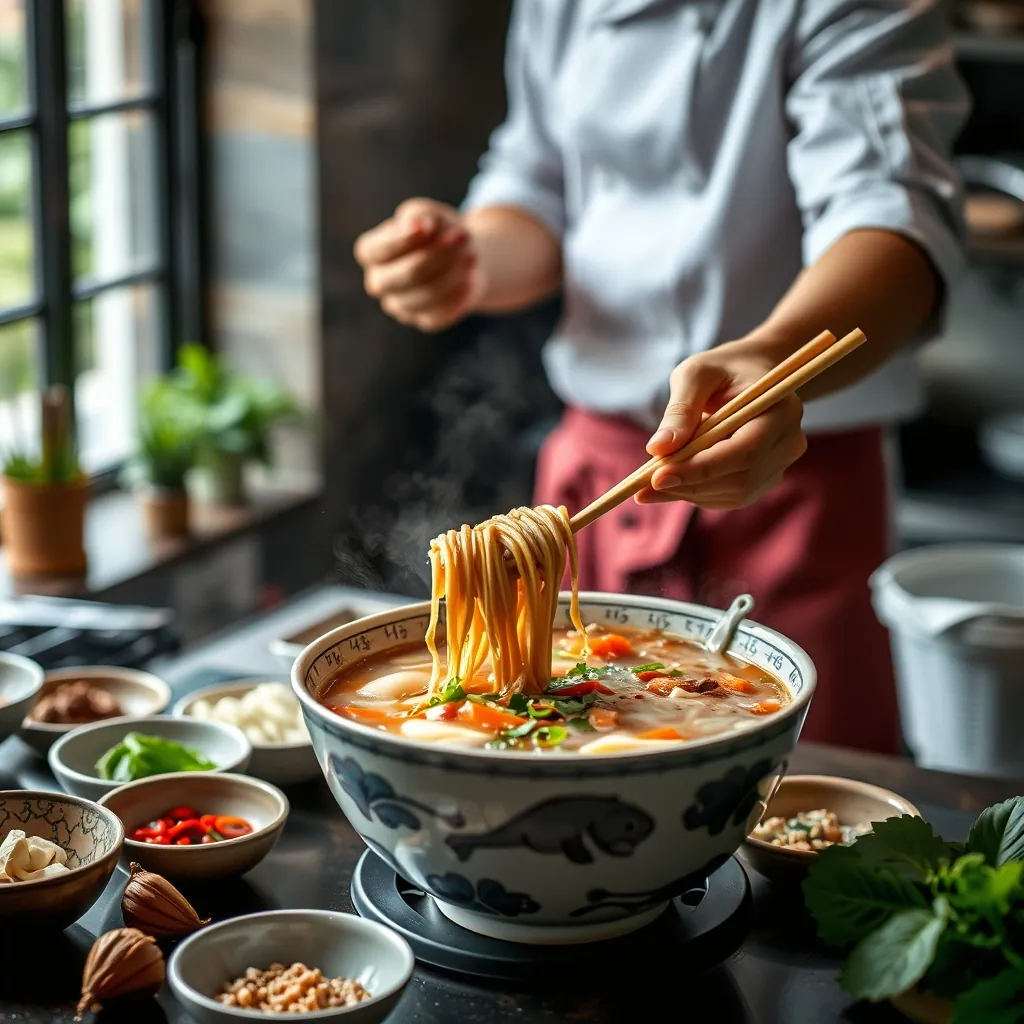 Chef preparing pho with various ingredients, highlighting common mistakes in the process | một đầu bếp đang chuẩn bị phở với các thành phần khác nhau, nhấn mạnh những sai lầm phổ biến trong quy trình. Chef preparing pho