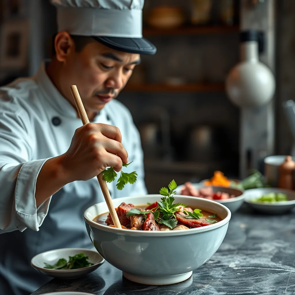 Chef selecting fresh beef and herbs for making hanoi beef pho | một đầu bếp chọn thịt bò tươi và rau thơm để nấu phở bò hà nội. Chef selecting fresh