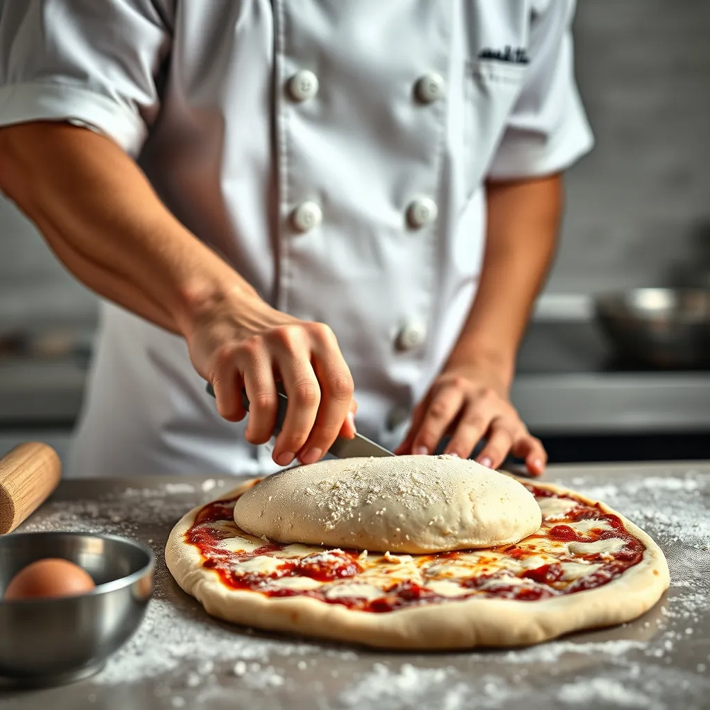Close-up of a chef skillfully kneading dough, showcasing the texture and elasticity required for perfect pizza crust. Close-up of a chef skillfully kneading dough, showcasing the texture and elasticity required for perfect pizza crust.