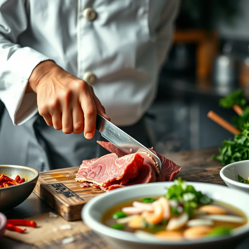 Chef skillfully slicing beef for pho, with fresh herbs and spices in the background | một đầu bếp đang khéo léo thái thịt bò cho phở, với các loại rau thơm và gia vị ở nền. Chef skillfully slicing