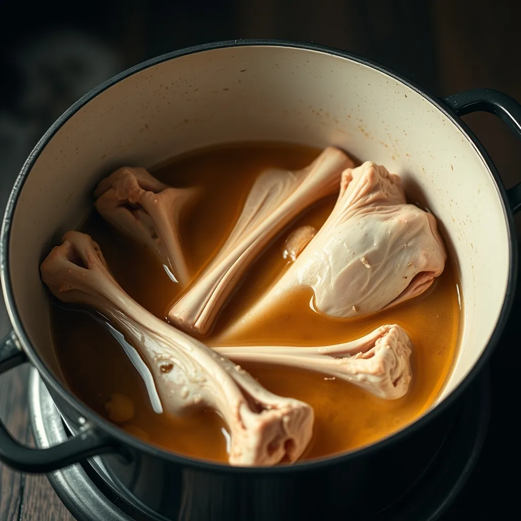 Nước dùng phở gà đang ninh từ xương gà Chicken bones simmering