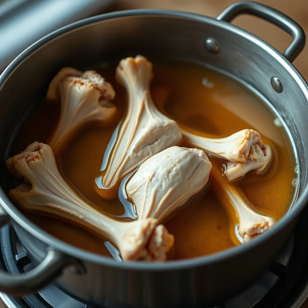 Nước dùng phở gà đang được ninh từ xương gà Chicken bones simmering
