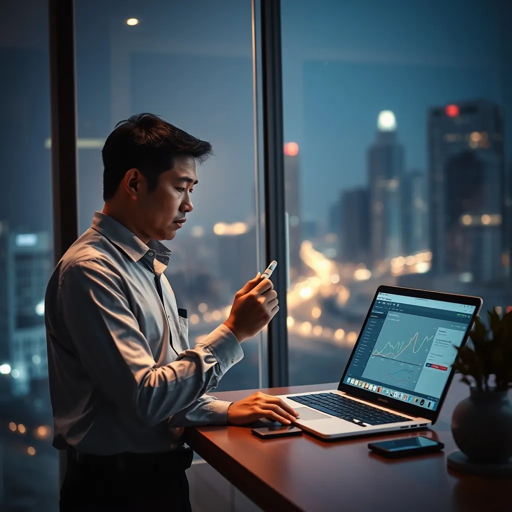 Chủ doanh nghiệp Việt viết lộ trình AI lên tấm kính trong văn phòng nhỏ lúc đêm, laptop hiển thị bảng điều khiển AI trên bàn, ánh đèn thành phố ngoài cửa sổ.