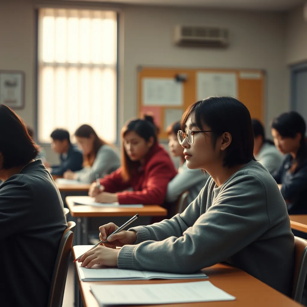 日本語テストを受ける学生たちの教室の風景 日本語テストを受ける学生たちの教室の風景
